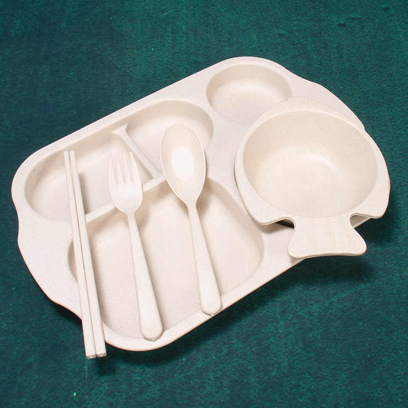 Paja DE TRIGO vajilla para niños cinco piezas traje separado plato pecera palillos tenedor cuchara engrosada Anti-escaldado 5 piezas creativas image 11