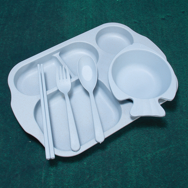 Paja DE TRIGO vajilla para niños cinco piezas traje separado plato pecera palillos tenedor cuchara engrosada Anti-escaldado 5 piezas creativas image 9