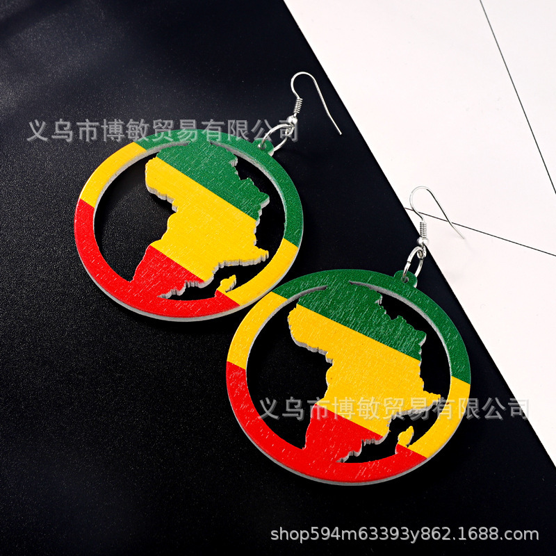 跨境wish爆款木质耳环  欧美时尚印花非洲地图彩印耳坠女现货