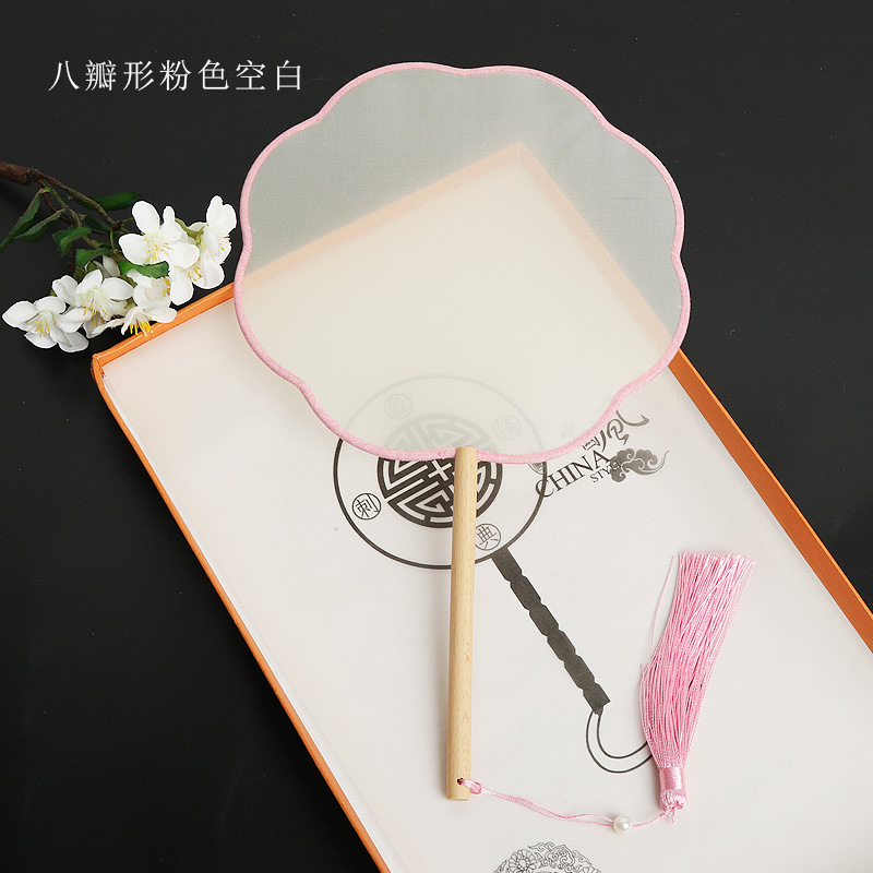 Pintado a mano estilo antiguo ventilador en blanco al por mayor pluma fina pintura a mano alzada superficie de ventilador de caligrafía mango largo ventilador redondo hecho a mano material de bricolaje