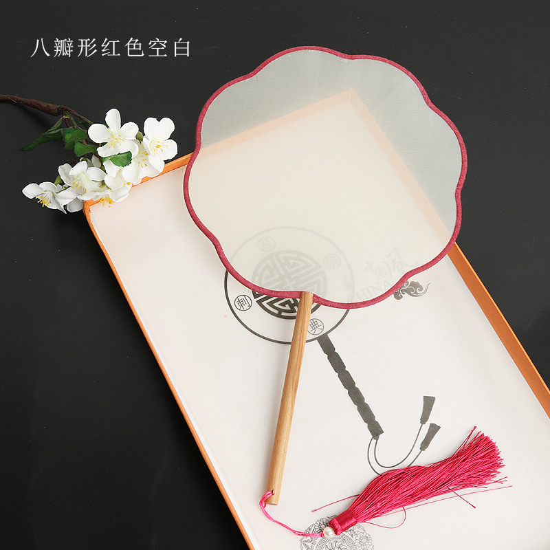 Pintado a mano estilo antiguo ventilador en blanco al por mayor pluma fina pintura a mano alzada superficie de ventilador de caligrafía mango largo ventilador redondo hecho a mano material de bricolaje