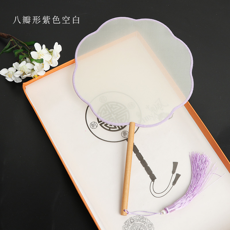 Pintado a mano estilo antiguo ventilador en blanco al por mayor pluma fina pintura a mano alzada superficie de ventilador de caligrafía mango largo ventilador redondo hecho a mano material de bricolaje