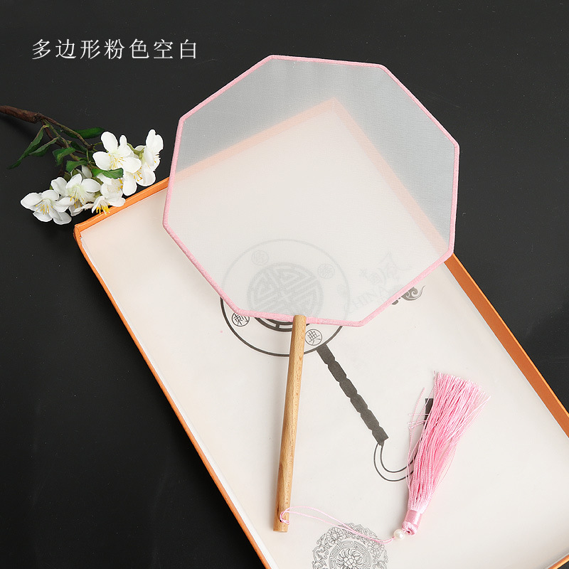 Pintado a mano estilo antiguo ventilador en blanco al por mayor pluma fina pintura a mano alzada superficie de ventilador de caligrafía mango largo ventilador redondo hecho a mano material de bricolaje