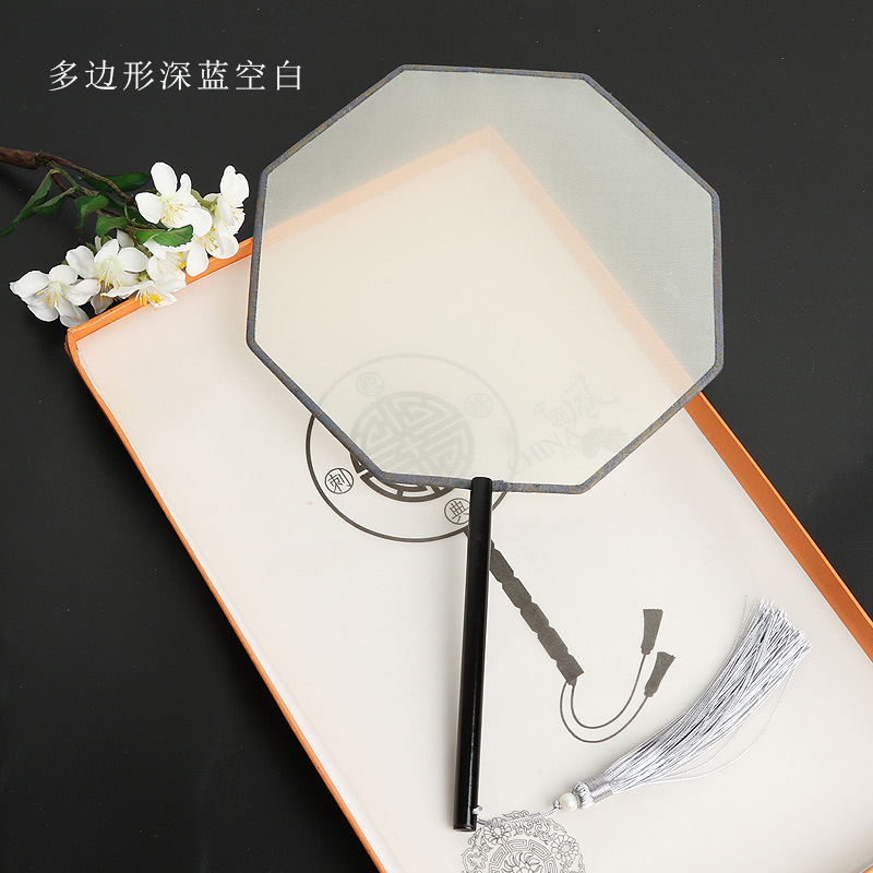 Pintado a mano estilo antiguo ventilador en blanco al por mayor pluma fina pintura a mano alzada superficie de ventilador de caligrafía mango largo ventilador redondo hecho a mano material de bricolaje