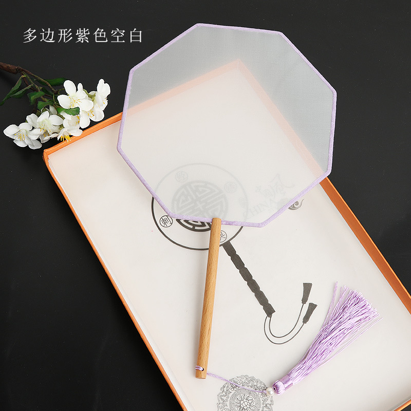 Pintado a mano estilo antiguo ventilador en blanco al por mayor pluma fina pintura a mano alzada superficie de ventilador de caligrafía mango largo ventilador redondo hecho a mano material de bricolaje