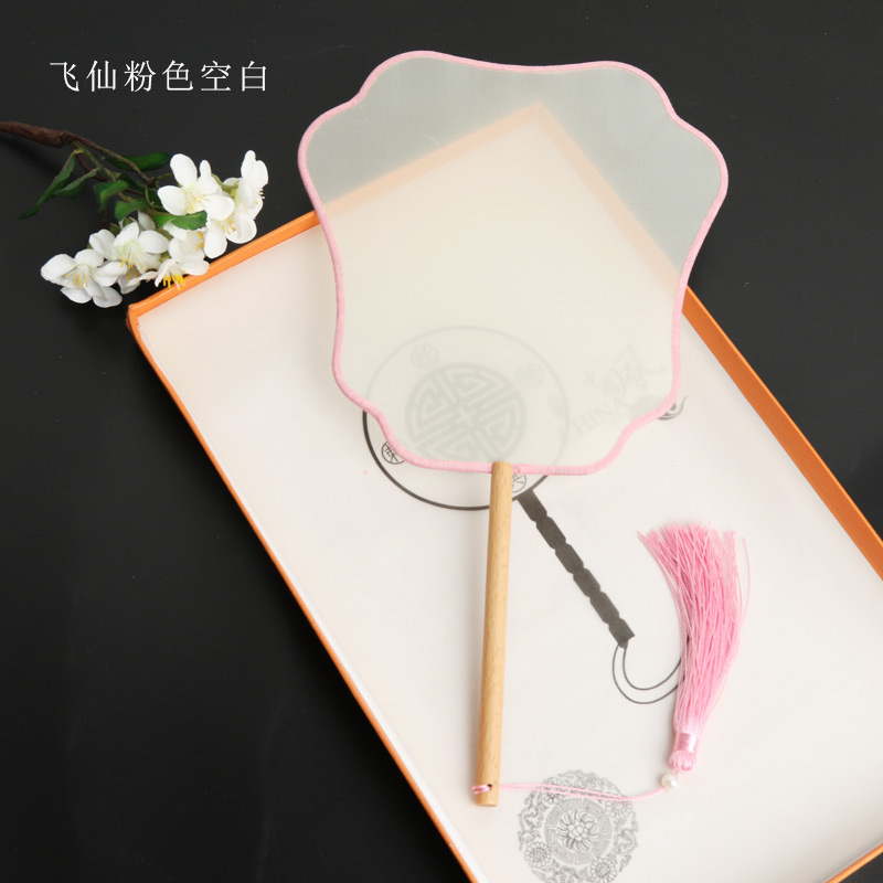 Pintado a mano estilo antiguo ventilador en blanco al por mayor pluma fina pintura a mano alzada superficie de ventilador de caligrafía mango largo ventilador redondo hecho a mano material de bricolaje