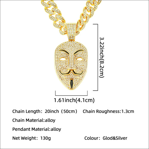 Elegant and Luxurious Diamond-Encrusted Mask Pendant Necklace for Nightclub Rave, Stylish and Trendy Cuban Chain Accessory