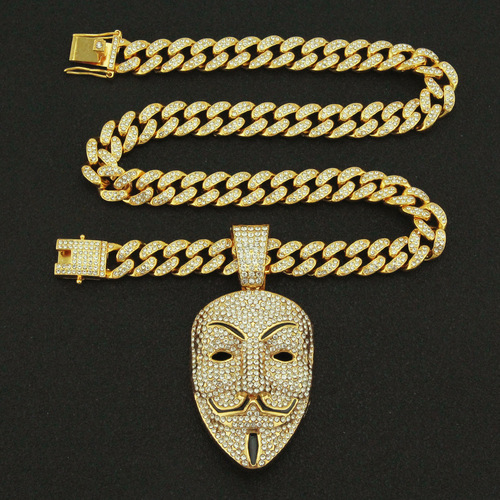 Elegant and Luxurious Diamond-Encrusted Mask Pendant Necklace for Nightclub Rave, Stylish and Trendy Cuban Chain Accessory