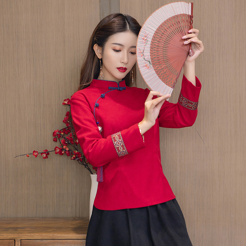 Group Buying Spring Autumn and Winter Chinese Style Women's Cheongsam Top Improved Long Sleeve Chinese Tang Suit Retro Button Tea Man Clothing Han