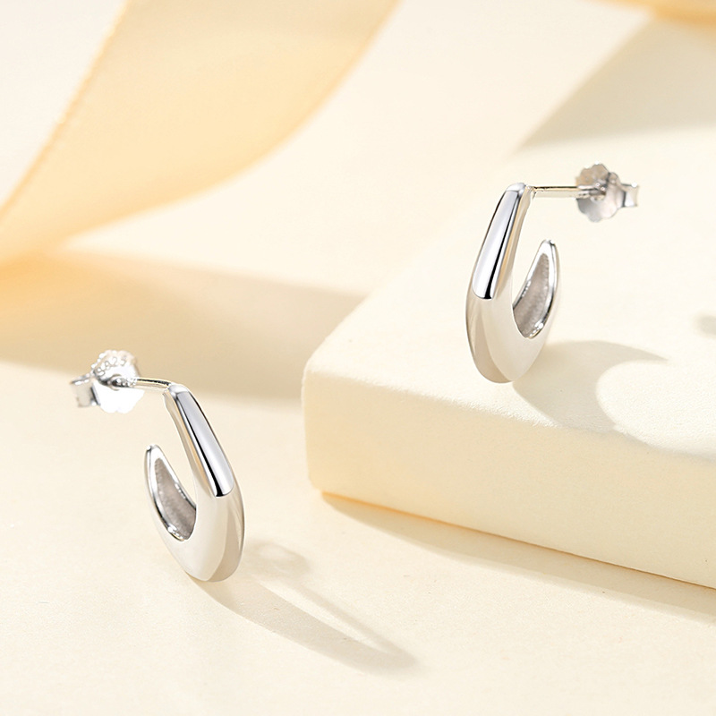 S925 pendientes de plata pendientes en forma de gancho creativo tridimensional de metal geométrico simple oro brillante pendientes