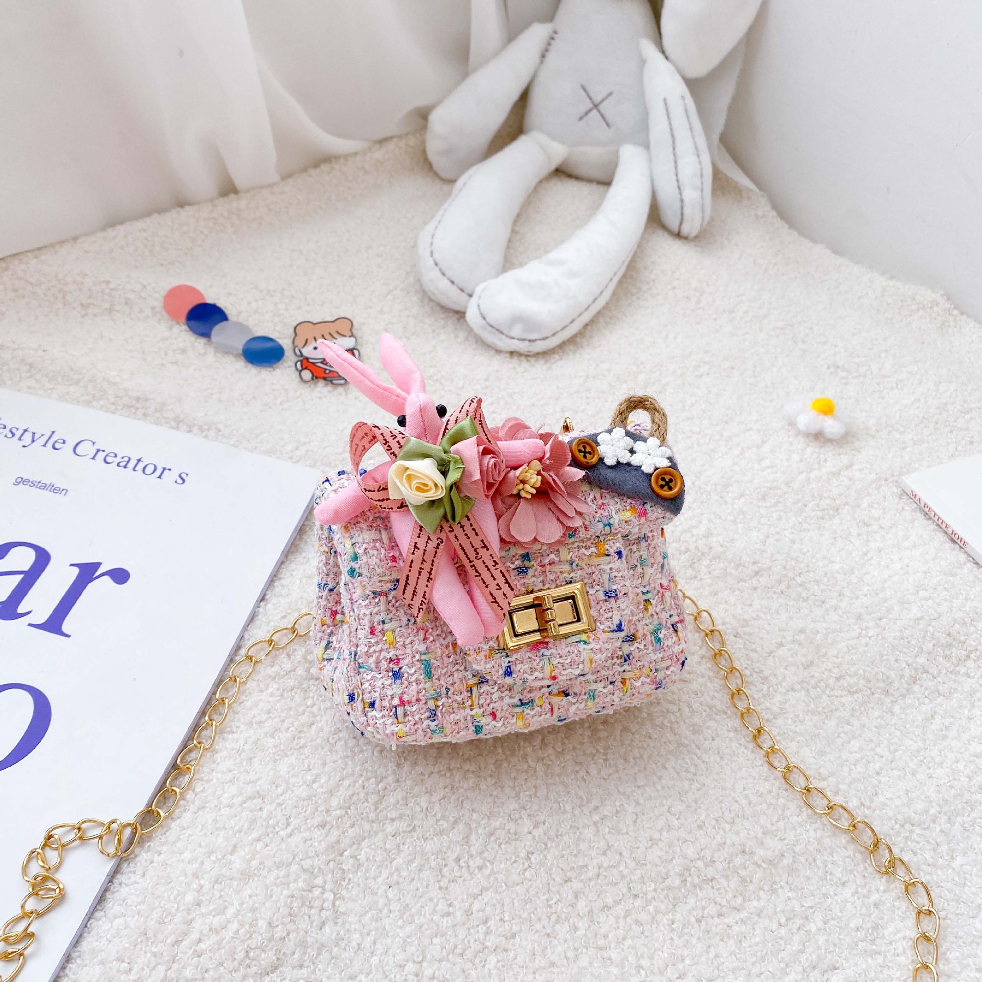 Bolso de mensajero de los niños estilo coreano Flor de moda de lana crossbody monedero Chanel estilo niñas calle cadena bolso de hombro