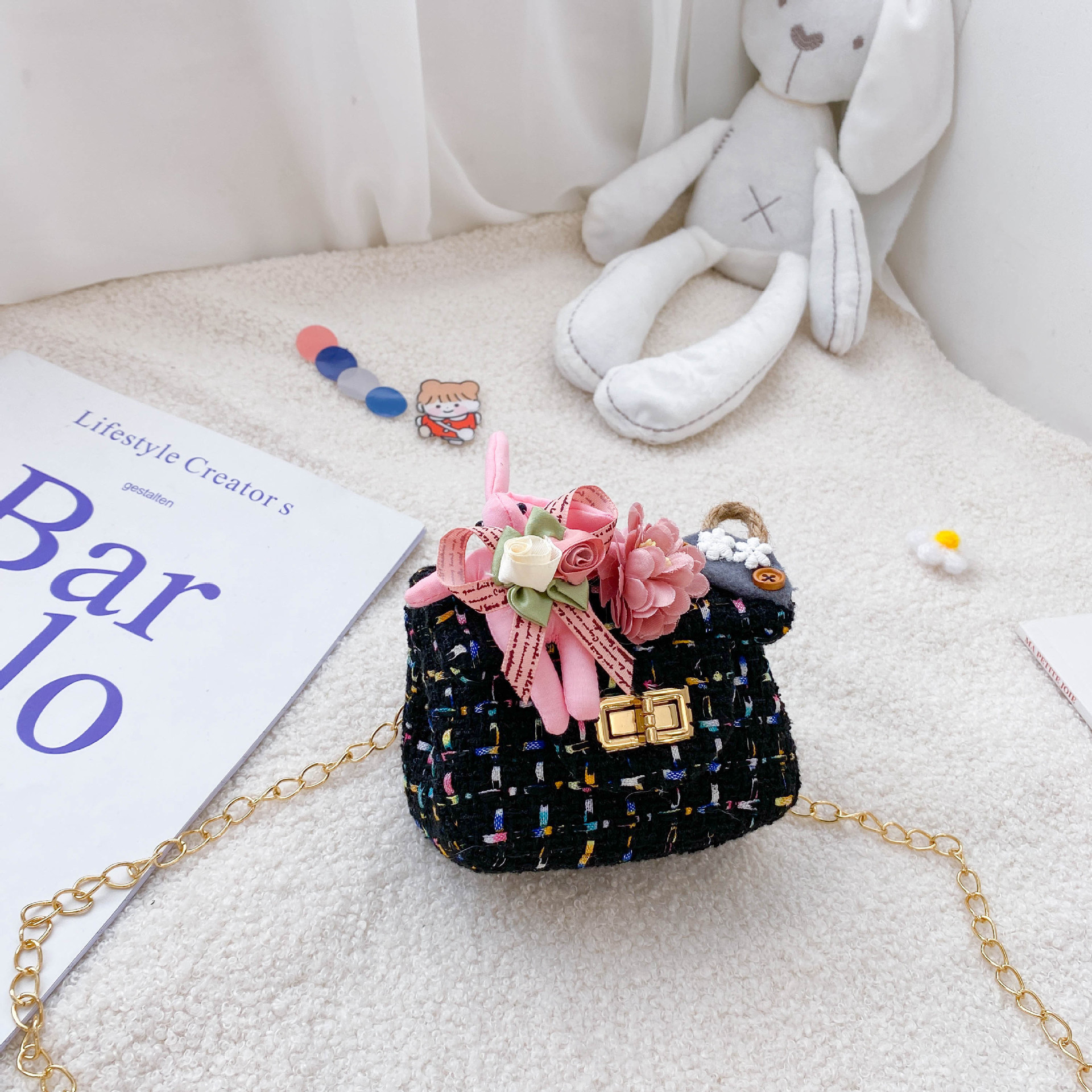 Bolso de mensajero de los niños estilo coreano Flor de moda de lana crossbody monedero Chanel estilo niñas calle cadena bolso de hombro