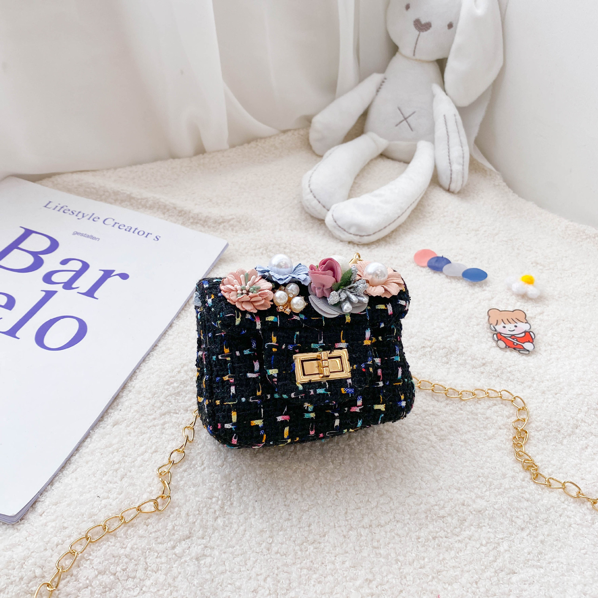 Bolso de mensajero de los niños estilo coreano Flor de moda de lana crossbody monedero Chanel estilo niñas calle cadena bolso de hombro