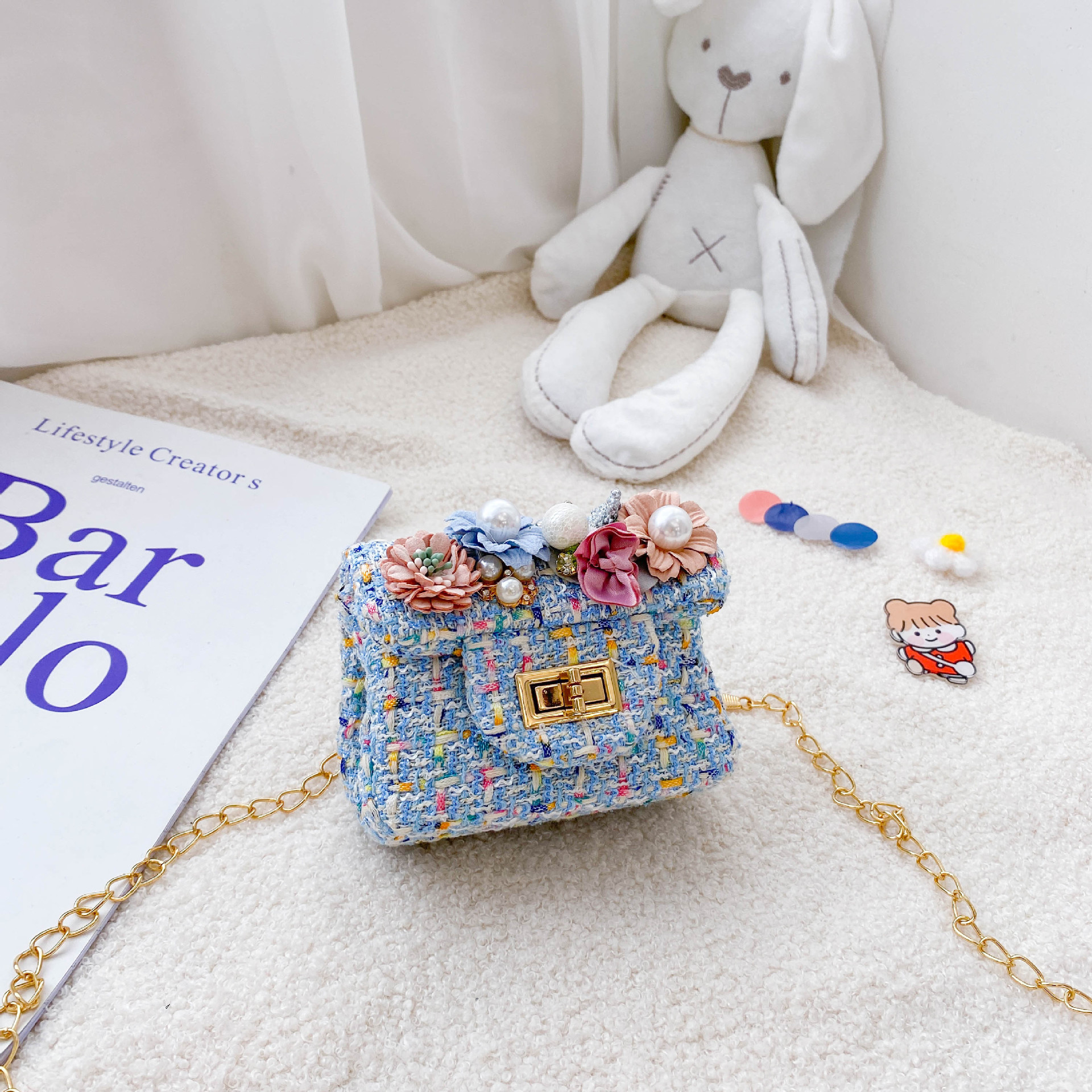 Bolso de mensajero de los niños estilo coreano Flor de moda de lana crossbody monedero Chanel estilo niñas calle cadena bolso de hombro