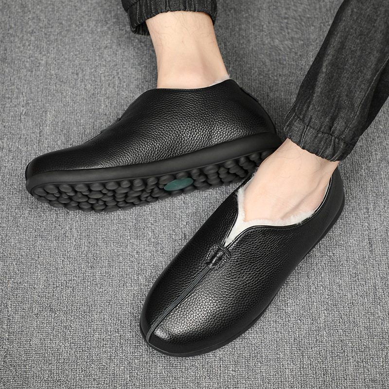 Primera capa de piel de vaca de lana de invierno zapatos de algodón de los hombres viejos zapatos de tela Beijing forrado de lana caliente zapatos de cuero viejo papá zapatos de los hombres suaves