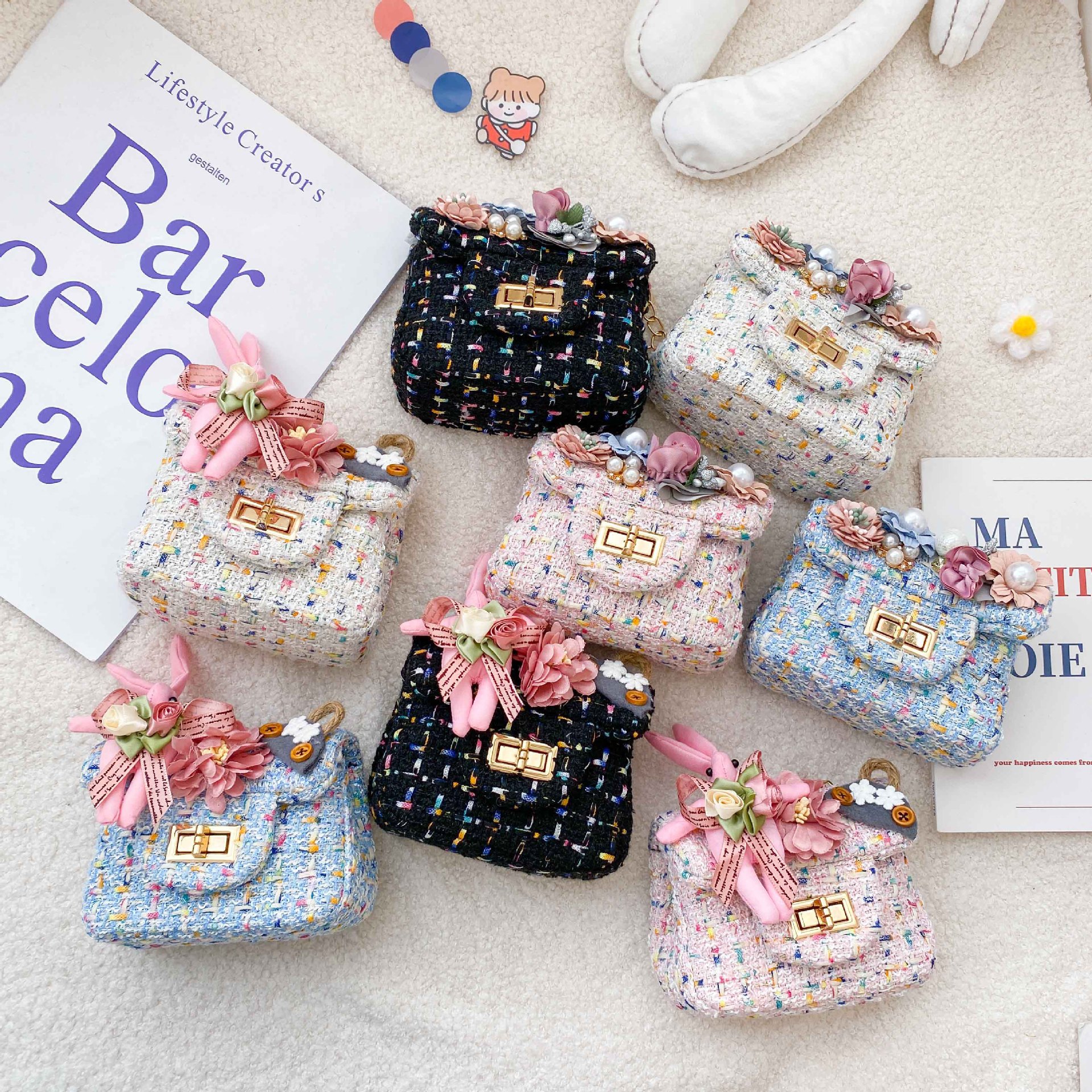 Bolso de mensajero de los niños estilo coreano Flor de moda de lana crossbody monedero Chanel estilo niñas calle cadena bolso de hombro