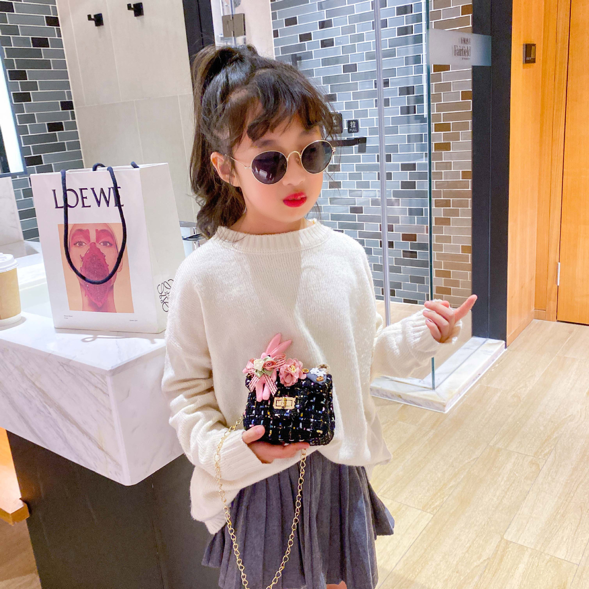 Bolso de mensajero de los niños estilo coreano Flor de moda de lana crossbody monedero Chanel estilo niñas calle cadena bolso de hombro