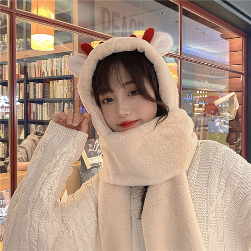 小熊可爱学生韩版连体毛绒保暖秋冬季帽子围巾手套一体三件套