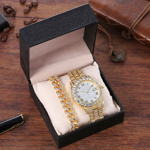 Fashion hip-hop style chain full diamond watch + diamond bracelet (2pcs/set)