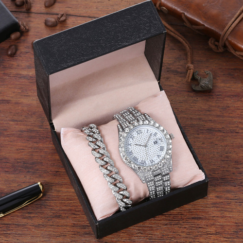 Fashion hip-hop style chain full diamond watch + diamond bracelet (2pcs/set)