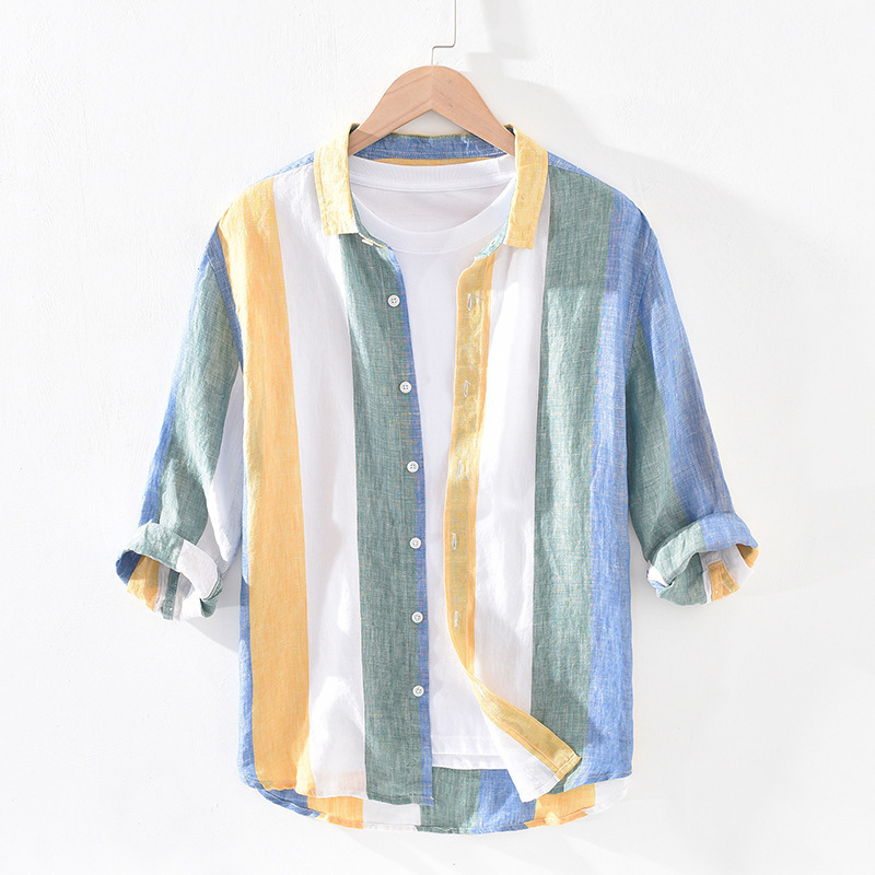 Striped Linen Shirt Men's Trendy 7-point Sleeve Summer Japanese Style Mid-sleeve Loose Thin Korean Style Trendy Half-sleeve Shirt