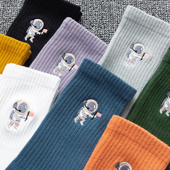 Couple socks autumn and winter solid color ins trendy embroidered cotton mid-calf socks astronaut mid-calf socks sports trendy socks