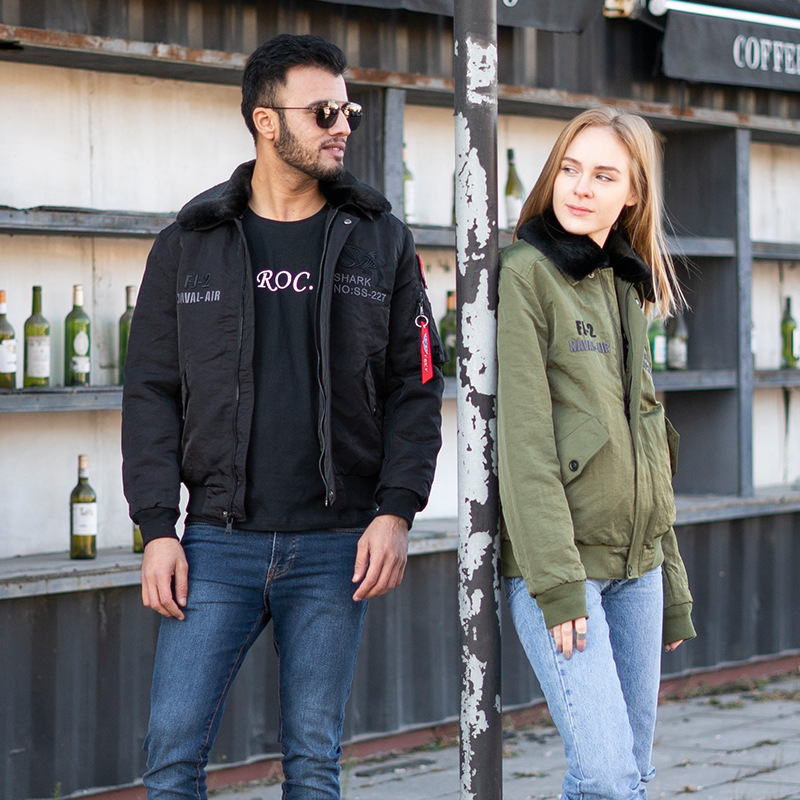 Winter Flight Suit Jacket, Couple Style, Fur Collar, Padded Cotton Coat, European and American Trendy Brand, Factory Custom-Made, Thickened and Warm Workwear