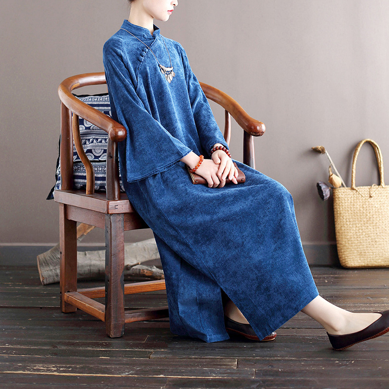 20106 Hi ink original national style women's clothing loose retro corduroy collar dress Chinese improved tea suit