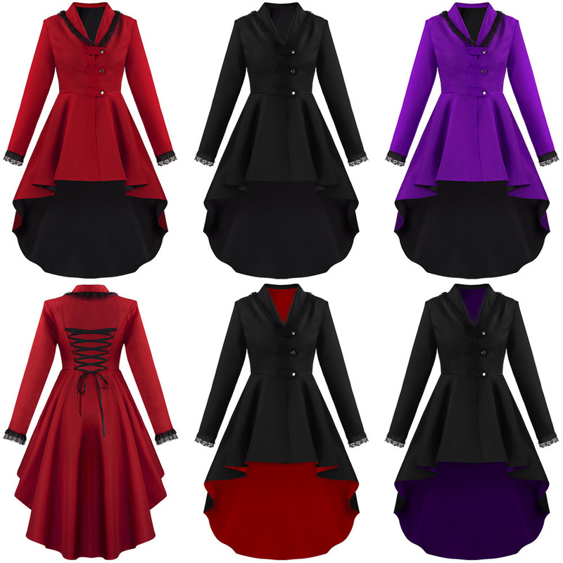 Medieval Retro Long Outwear Asymmetrical Hem Tuxedo Clothing Personalized Button Lace Windbreaker Cos Clothing