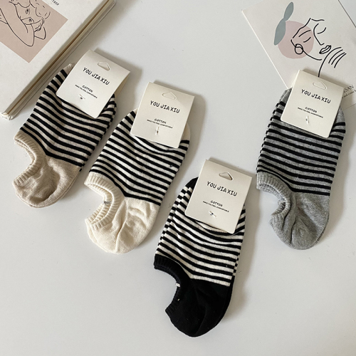 Women's Summer Thin Striped Ship Socks with Ins Trend Pure Cotton Non-Slip Invisible Short Socks, Versatile for Summer