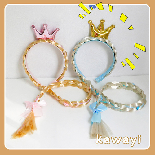 Children's Crown Ice Queen Hairband Girl Baby Wig Long Braid Bow Hairpin Ice Blue Princess Hair Accessory