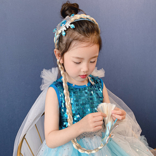 Children's Crown Ice Queen Hairband Girl Baby Wig Long Braid Bow Hairpin Ice Blue Princess Hair Accessory