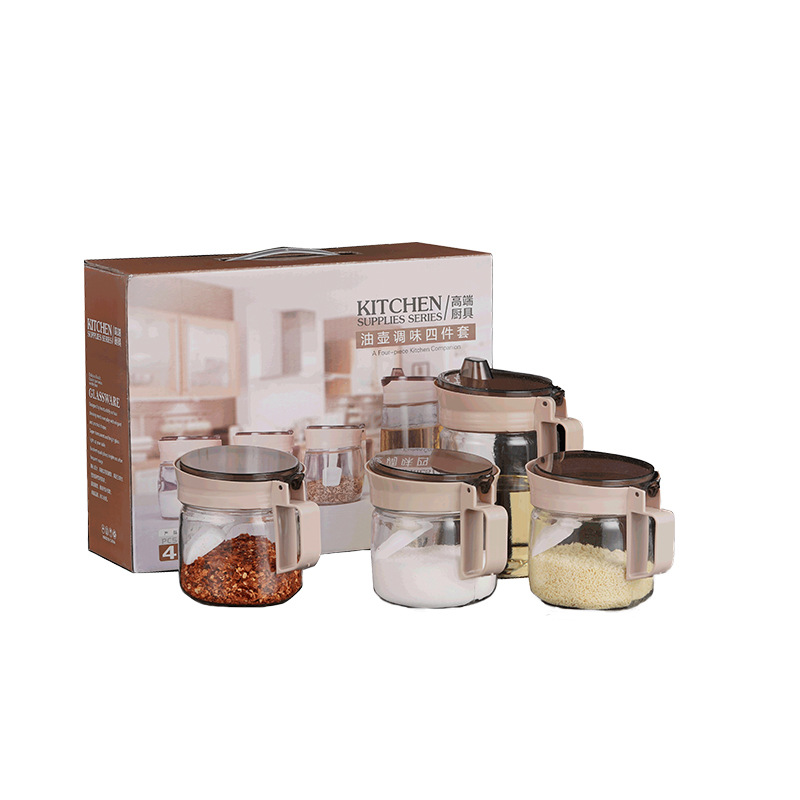 Tarro de condimento de vidrio de cocina traje de hogar integrado frasco de sal sellado con tapa frasco de botella de condimento con cuchara