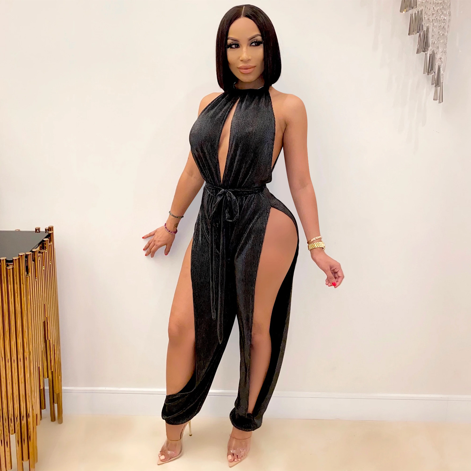 X3737 transfronterizo nuevo AliExpress Amazon moda europea y americana sexy encaje-up stretch split mono de mujer image 2