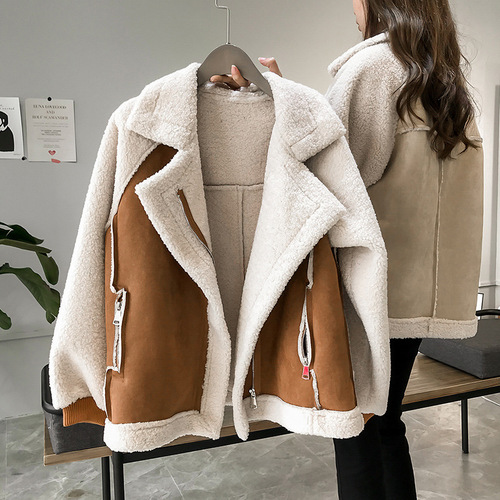 Winter 2024 new style chic loose fur one-piece suede jacket women's short lamb velvet motorcycle jacket