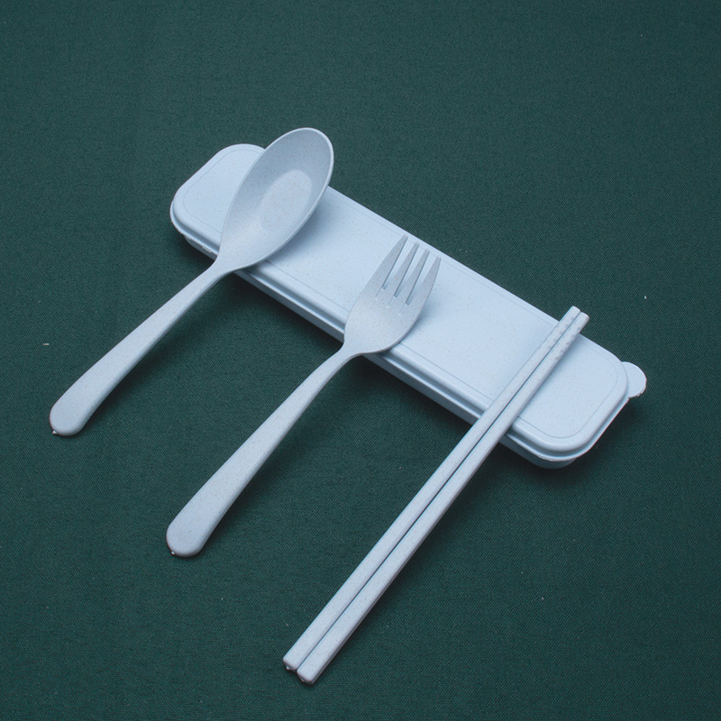 Paja DE TRIGO corto estudiante palillos tenedor cuchara conjunto de tres piezas en caja viajes al aire libre portátil vajilla logo image 11