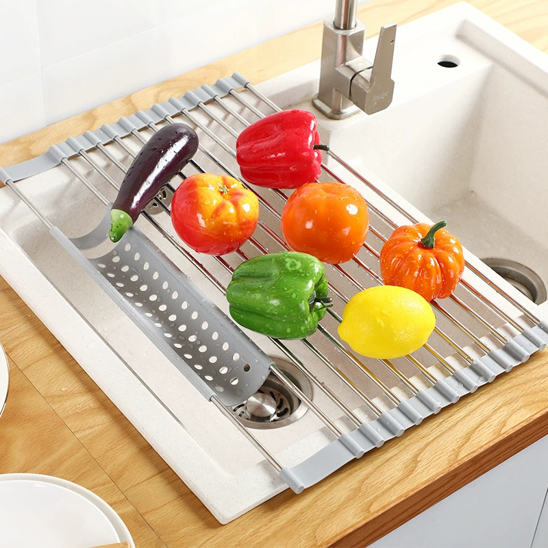 Folding stainless steel drying rack with adjustable size, versatile for home use, includes chopsticks holder