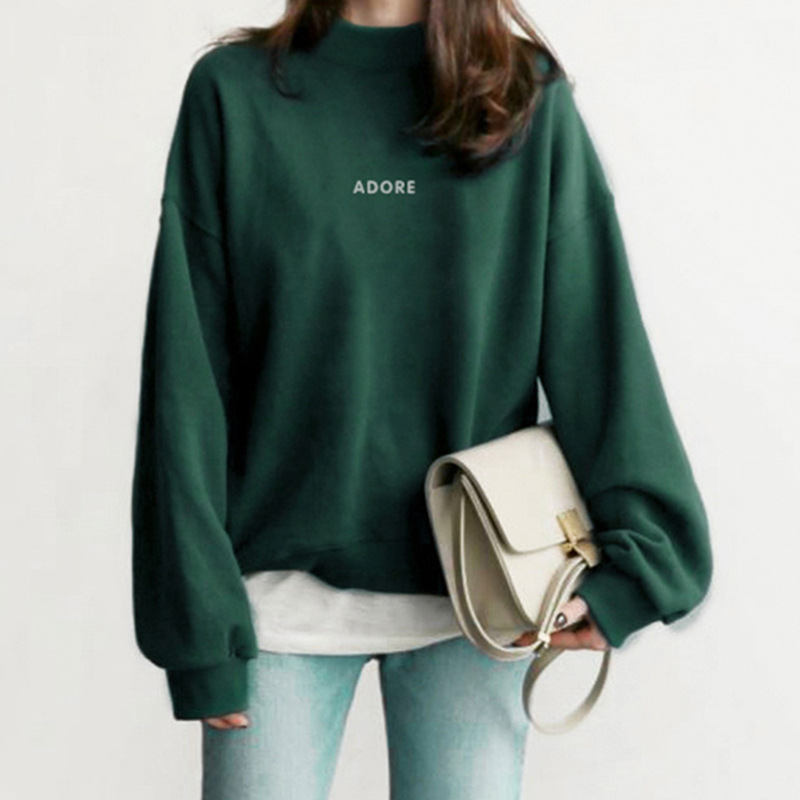 Sudadera con Forro Polar para Mujer, Estilo Coreano, Otoño-Invierno 2025, Holgada, Cuello Medio Alto, Verde, con Letras, para Estudiantes