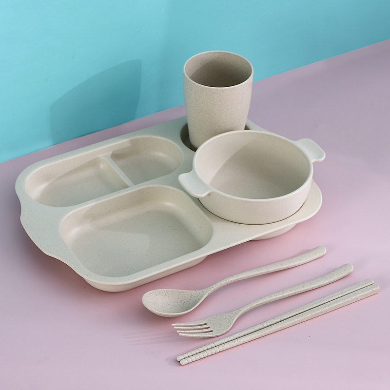 Plato de rejilla de jardín de infantes de trigo juego de seis piezas palillos resistentes a caídas tenedor cuchara taza tazón de arroz traje de vajilla para niños