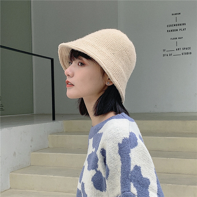 Hat Women's Autumn and Winter Wool Blended Knitted Hat Japanese Style Warm Fisherman Hat Women's Korean Style Red Net Face Covering Bucket Hat