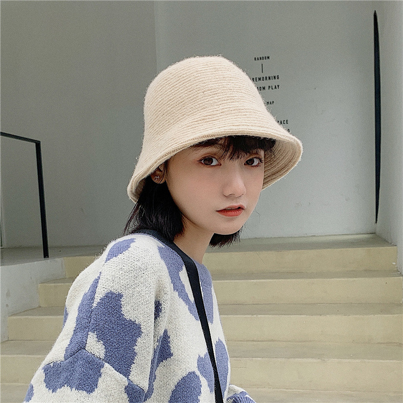 Hat Women's Autumn and Winter Wool Blended Knitted Hat Japanese Style Warm Fisherman Hat Women's Korean Style Red Net Face Covering Bucket Hat