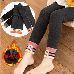 秋冬款兒童一體羊羔絨打底褲豎條運動腰口九分保暖褲