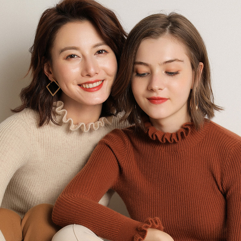 New Autumn and Winter Knitwear Women's Bottoming Shirt Half Turtleneck Slim Fit Fungus Collar Striped Long-Sleeved Knitwear