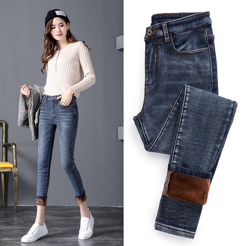 Stretch Fleece-Lined Jeans for Women, High-Waisted, Slimming, Winter 2025 New Style, Plus Size, Cropped Pants, Tight-Fitting, Ankle-Length Pants