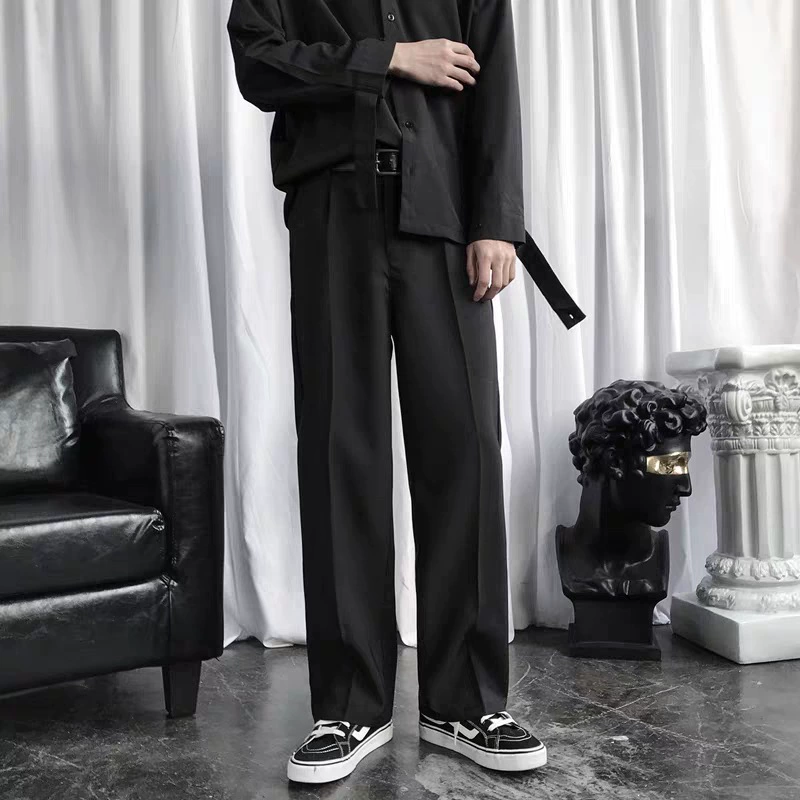 Костюм Брюки Мужские Девятиконечные Свободные Висячие В Гонконгском Стиле Прямые Широкие Штанины Осень/Зима Флисовая Подкладка Повседневные Длинные Брюки Мужская DK Униформа