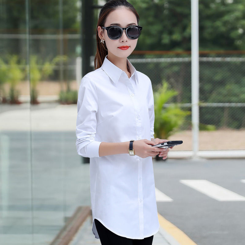 White Shirt Women's Mid-Length Long-Sleeved Korean Style Loose and Versatile Student Bottoming Bf Shirt Large Size Navy Blue Wine Red