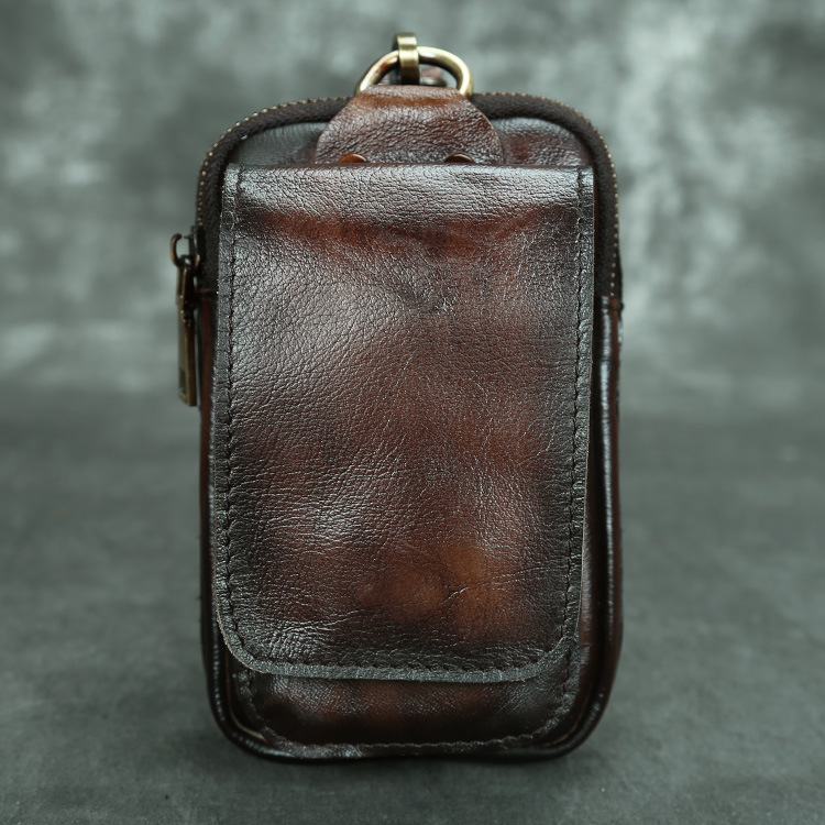Primera capa de piel de vaca bolsa de cintura cepillada Comercio exterior de los hombres de moda de la cámara del teléfono móvil fresco al aire libre de 6 pulgadas Bolsa de cintura pequeña con gancho