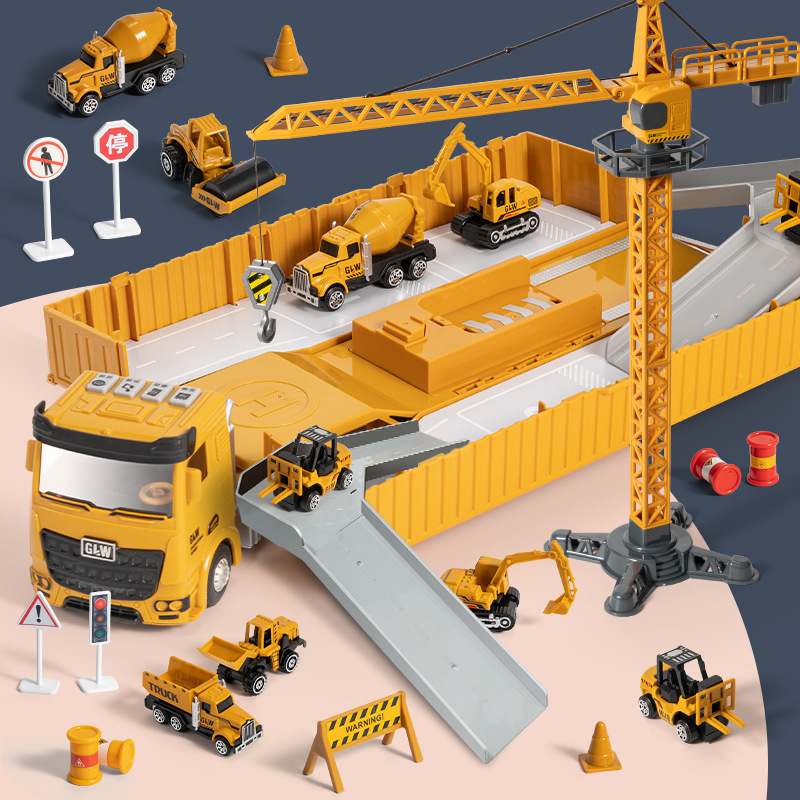 Chinese and British version of alloy engineering vehicle large container truck set scene storage excavator parking lot cross-border e-commerce toys