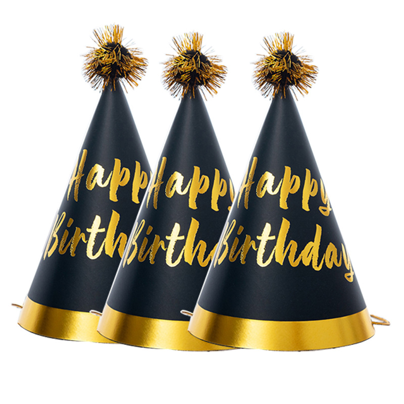 Sombrero de papel, sombrero de cumpleaños para niños de oro negro, gorra de pastel flash para adultos, gorra de bola, sombrero de fiesta, suministros de decoración