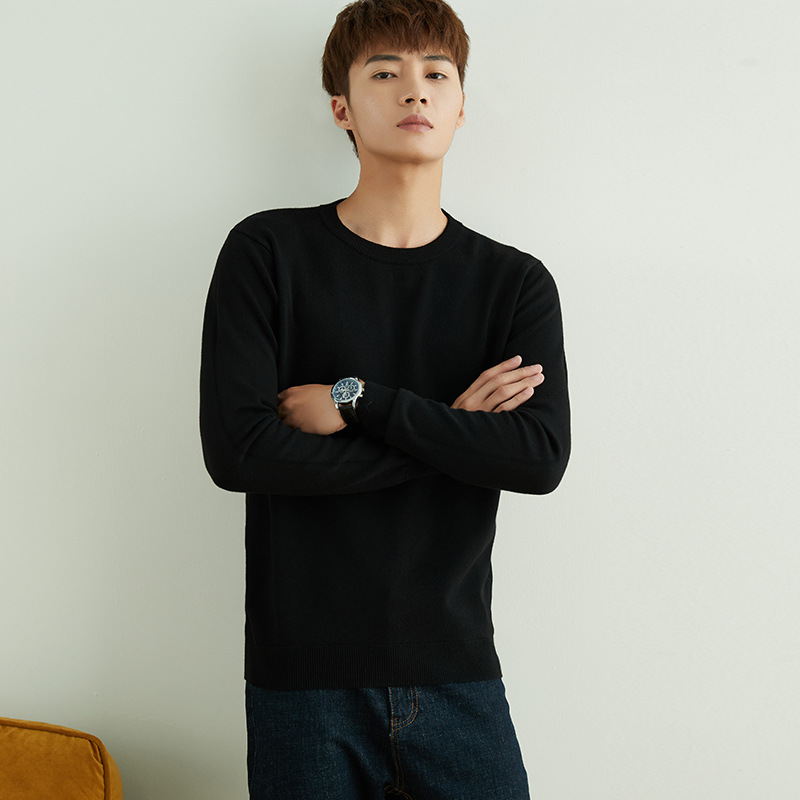 Otoño e invierno suéter de cuello redondo de los hombres de estilo coreano SLIM-Fit color sólido suéter de manga larga engrosada Jersey camisa de fondo suéter de los hombres de moda